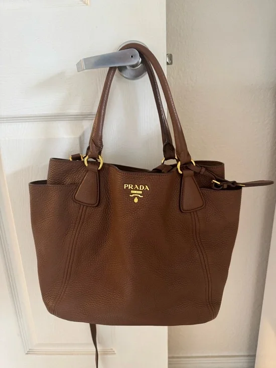 Prada Dark Brown Pebbled Leather Tote with Gold Hardware - Picture 3 of 4